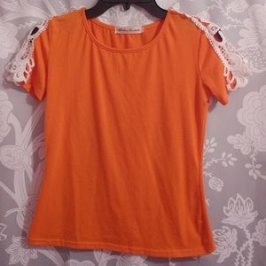 Size S Orange T-Shirt Blouse Lace Shoulder Detail